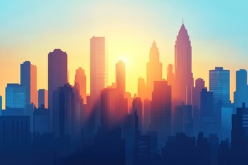 Naklejka premium Sunrise over a bustling cityscape. Silhouette view of modern skyscrapers bathed in golden sunlight