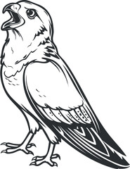 A detailed black and white illustration of a bird with an open beak, showcasing its feathers.