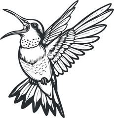 A detailed illustration of a hummingbird in flight showcasing its vibrant wings and beak.