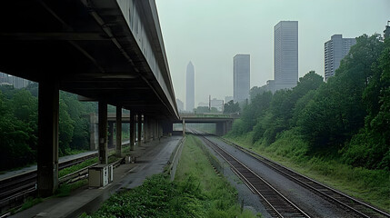 Fototapeta premium Urban Train Tracks Under Overpass In Cityscape