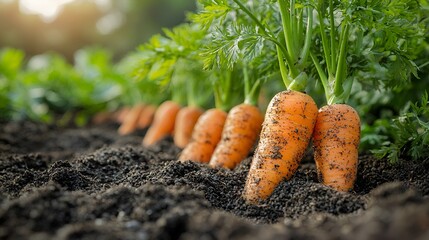 Fresh carrots growing in a garden.
