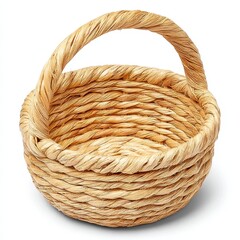 Obraz premium Light Beige Woven Straw Basket with Handle on White Background