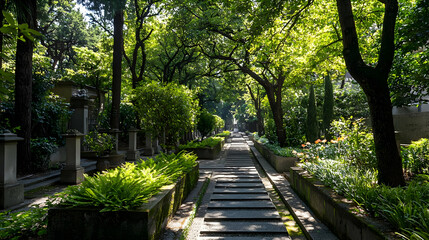 Obraz premium Sunlight Path Through Lush Green Japanese Cemetery Garden