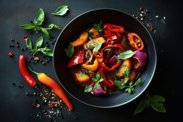Vibrant vegetable medley with assorted peppers and fresh basil in a black bowl on a dark background.