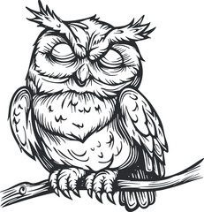 A detailed illustrated owl perched on a branch showcasing its unique features and character.