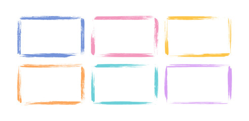 Multicolored grunge rectangular frames set. Dry brush strokes texture.