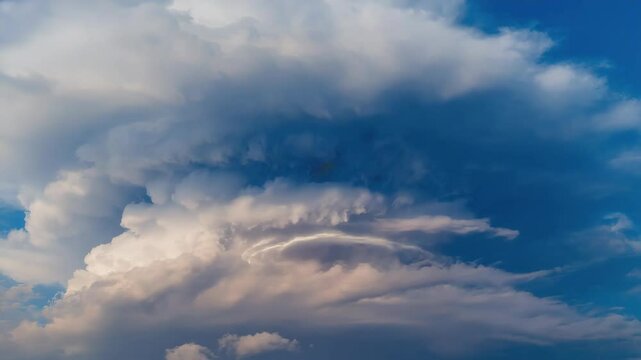 Dramatic cloudscape featuring an iridescent pileus cloud in a gradient of blue and white, creating an atmospheric weather phenomenon.