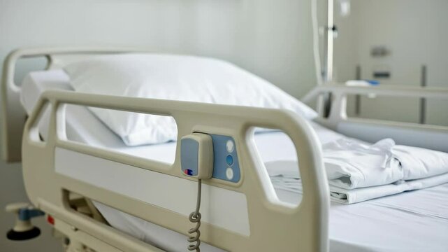 Empty hospital bed with white sheets and remote control in medical facility