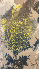 Golden Decorative Mandala Pattern On Textured Wall, Close-Up Of Vintage Ornament With Peeling Plaster, Ideal For Interior Design, Luxury Backgrounds, Or Artistic Wall Decor Concepts