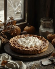 A delicious pumpkin pie topped with whipped cream, set in a rustic fall kitchen with warm hues.