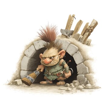 Grumpy troll under a bridge with club