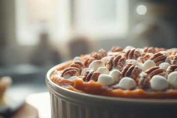 A delicious pecan pie topped with marshmallows, shot in soft natural light, evoking warmth and comfort.