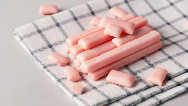 Stack of pink chewing gum pieces on checkered cloth
