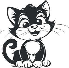 A cute cartoon kitten with a cheerful expression and playful demeanor in black and white.