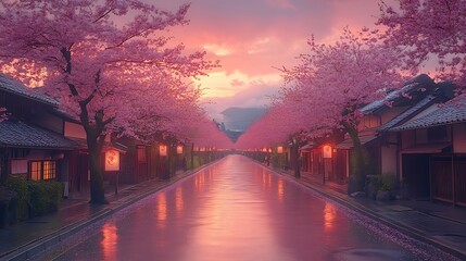 Japanese Cherry Blossoms In Kyoto Photo Reflecting Sunset Light On A Rainy Day