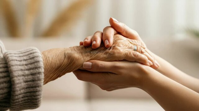 Elderly woman hand held by younger Mutual support and caregiving concept