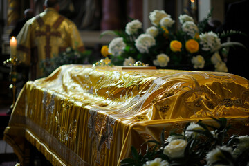 Pope's Tomb covered in white flowers and gold cloth symbolizing Christian mourning and sacred funeral tradition in Vatican