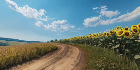 Countryside dirt road lined with sunflowers under a clear blue sky in a sunny afternoon