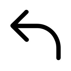 A simple black arrow pointing left with a curved tail on a plain white background in vector format