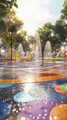 Fountain splash pad in empty city park during summer with colorful design and playful background