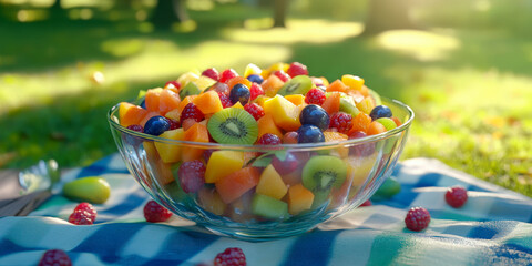 Colorful fruit salad bowl featuring fresh seasonal fruits in a sunny outdoor picnic setting