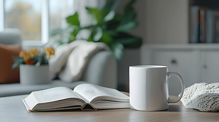 Cozy Living Room Scene With Open Book And Coffee Mug