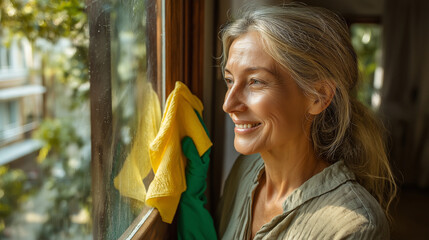 Older woman smiling while cleaning window with cloth against greenery