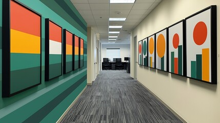Boardroom hallway leading executive office feature mural combine sleek digital pattern abstract representation of corporate milestone art energizes space highlighting past achievement inspiring future