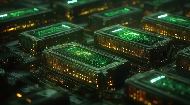 Futuristic server farm. Complex network of interconnected, metallic server units with glowing green and amber lights. Detailed textures and intricate design