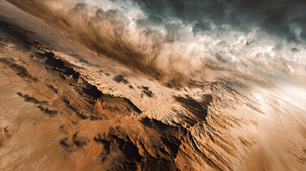 Aerial view showcasing a desert landscape filled with swirling dust and rocky formations, highlighting nature's beauty and power