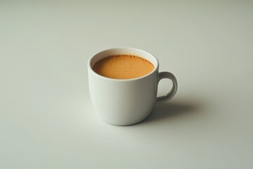A white ceramic cup filled with rich, frothy coffee on a smooth, light background.