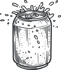 Illustration of a soda can with splashing liquid and carbonation bubbles for refreshing beverage representation.