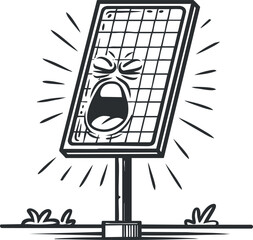 A cartoon illustration of a solar panel expressing emotions with a loud face and vibrant design.