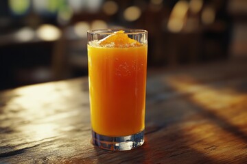 Fototapeta premium Refreshing orange juice served in a clear glass, showcasing vibrant color and garnished with orange slices.