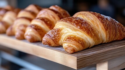 Freshly baked croissants on a wooden display