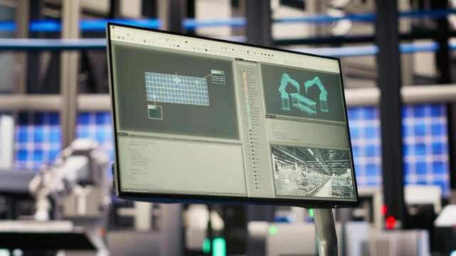 Robotics software on screen in smart factory used to inspect machinery for operational integrity. Monitor in industry 4.0 industrial plant equipped with advanced sensors overseeing gear, panning shot