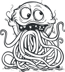 A playful cartoon octopus character with big eyes and tangled tentacles in black and white.