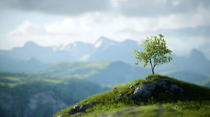 Lonely Green Tree On Mountaintop