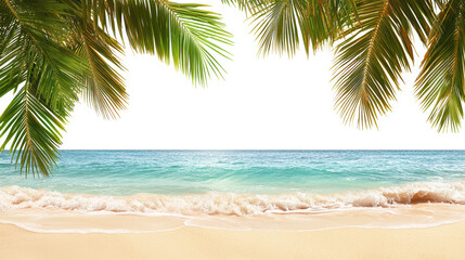 Fototapeta premium Tropical beach scene with palm tree fronds framing turquoise water and sandy shore, offe a serene coastal paradise for vacations and relaxation experiences.