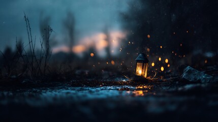 Enigmatic glow of lantern illuminating a solitary path through twilight ambience
