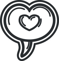 A simple black outline illustration of a heart inside a speech bubble symbolizing love and communication.