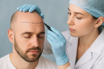 Female surgeon drawing lines on patient's head for hair transplant surgery