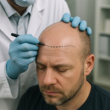 Surgeon preparing patient for hair transplant surgery by drawing incision lines
