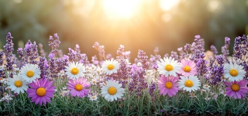Fototapeta premium Vibrant Lavender and Daisy Meadow at Golden Hour