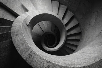 Fototapeta premium Spiral staircase in dimly lit room, shadows accentuating curves, eerie and mysterious atmosphere.