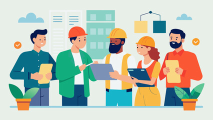 The construction team discussing plans for the interior design incorporating suggestions and ideas from community members.. Vector illustration