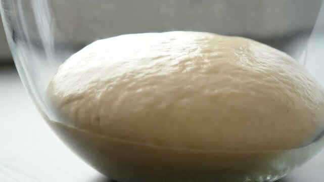 Static time-lapse shot observes a ball of smooth bread dough significantly expanding and rising in a glass bowl over time, nearly doubling in size