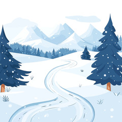 Fototapeta premium Snowy Winter Scene of Mountains Forest with Pathway and Snowfall