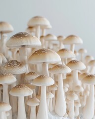 Obraz premium A cluster of delicate light brown mushrooms with white spots, showcasing a natural and serene arrangement.