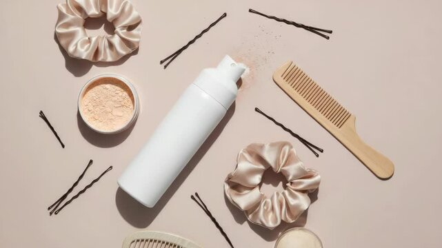 Hair care essentials with accessories and styling tools on beige background